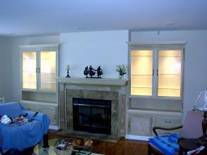 Living Room Family Wall Unit Fire Fireplace Storage Light Lighted Hearth Glass Shelf Shelves Door Drawers Built in